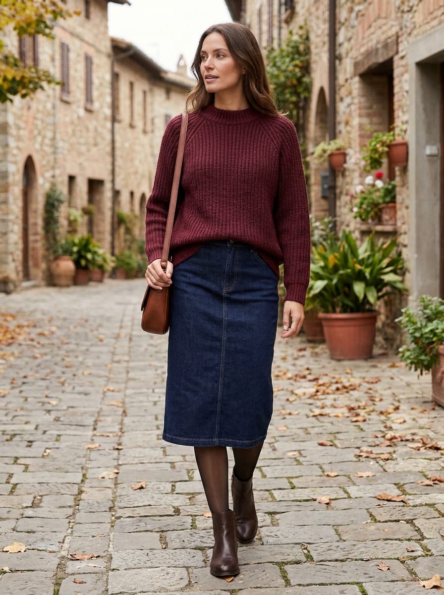 Jeansrock mit Pullover und Boots - Herbst Outfit